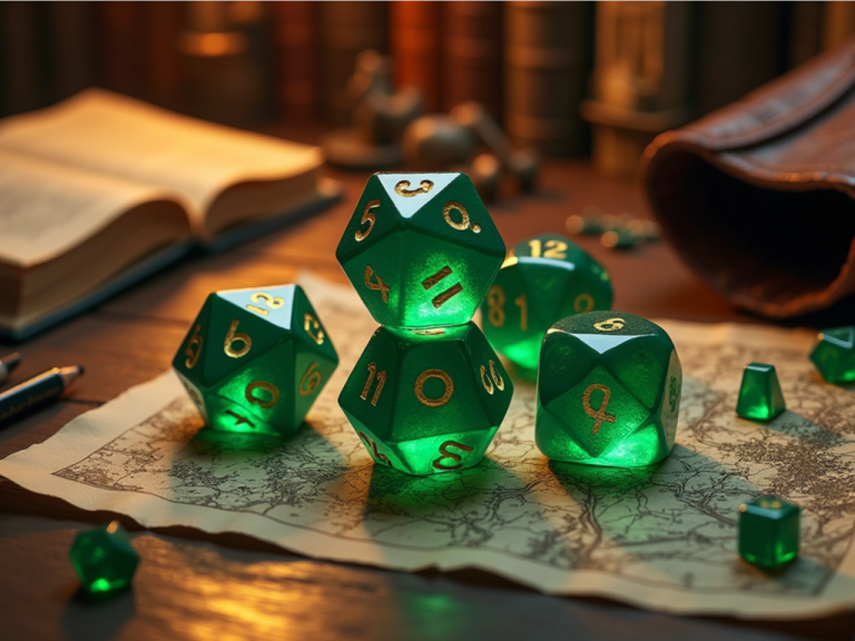GreenDice RPG Dice
Polyhedral
Translucent Green
Role-playing Game
Wooden Table
Map
Gaming Accessories
Miniatures
Warm Lighting
Dice Bag